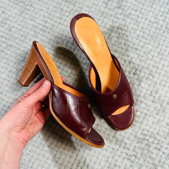 Gorgeous Vintage Warm Brown Burgundy Leather Peep Toe Wood Heel W10 Etienne - Picture 1 of 4